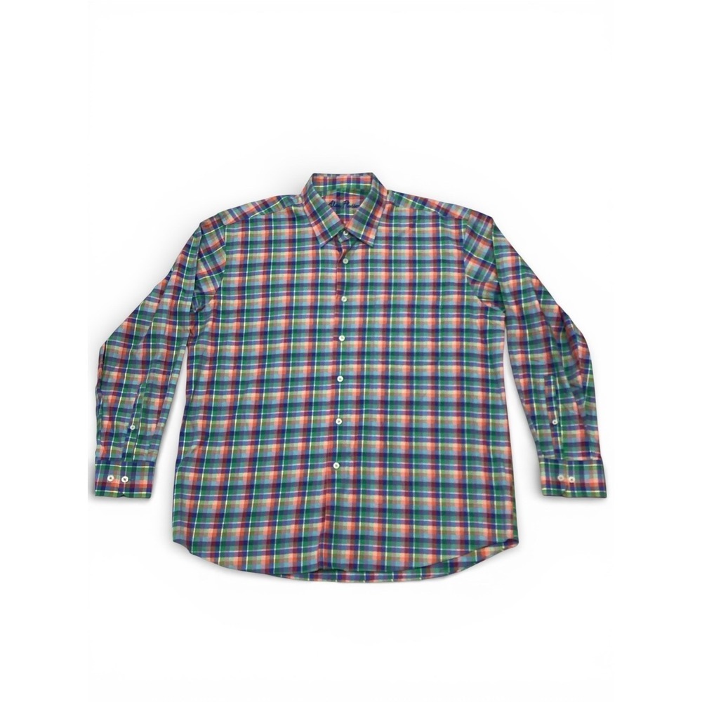 Alan Flusser Plaid Button Down Shirt Long Sleeve Mens XL Cotton Rainbow Colors